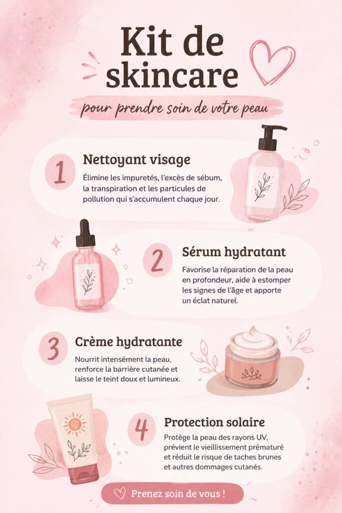 Visuel d'un kit de skincare avec divers produits de soin esthétique.