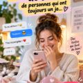 Une femme souriante lisant un message texto réconfortant sur son téléphone.