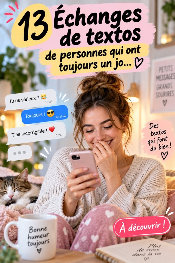 Une femme souriante lisant un message texto réconfortant sur son téléphone.