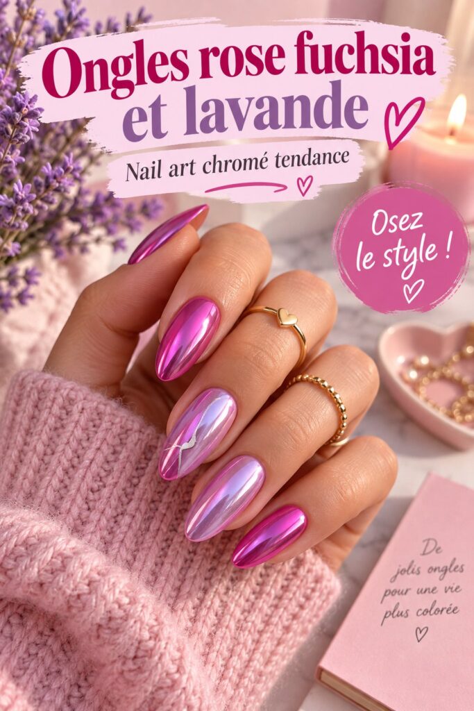 Manucure tendance avec des ongles lavande et rose chromé.