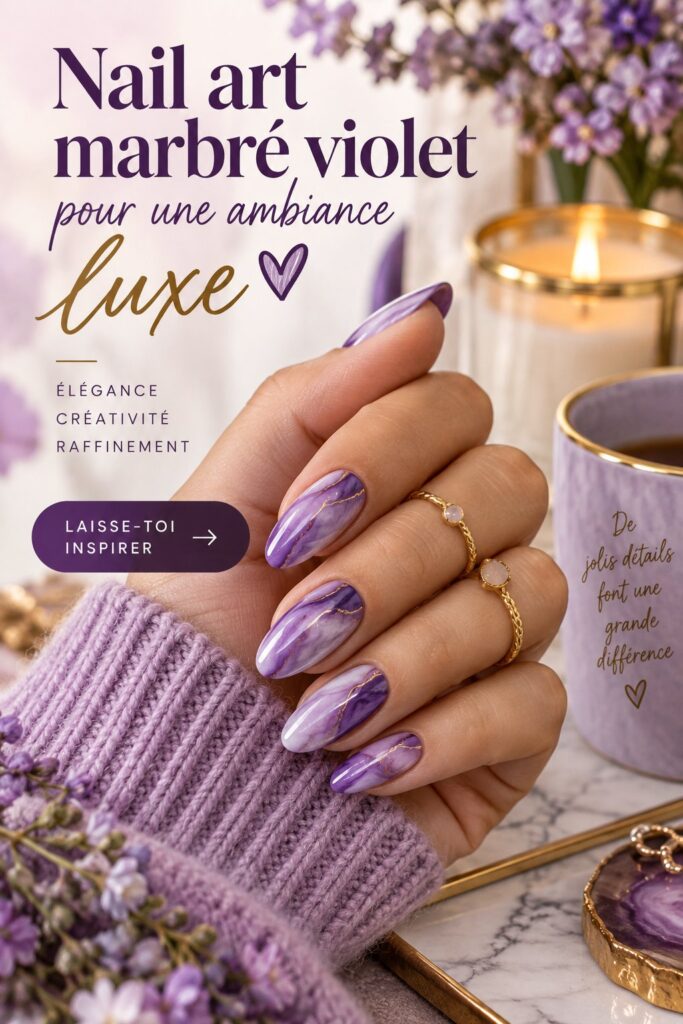 Art des ongles marbrés violets avec une finition élégante