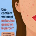 Femme contemplant un bouton sur son visage, entourée de produits de soin de la peau.