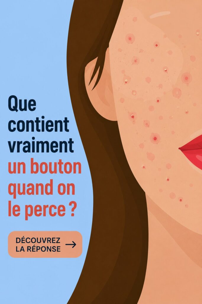 Femme contemplant un bouton sur son visage, entourée de produits de soin de la peau.