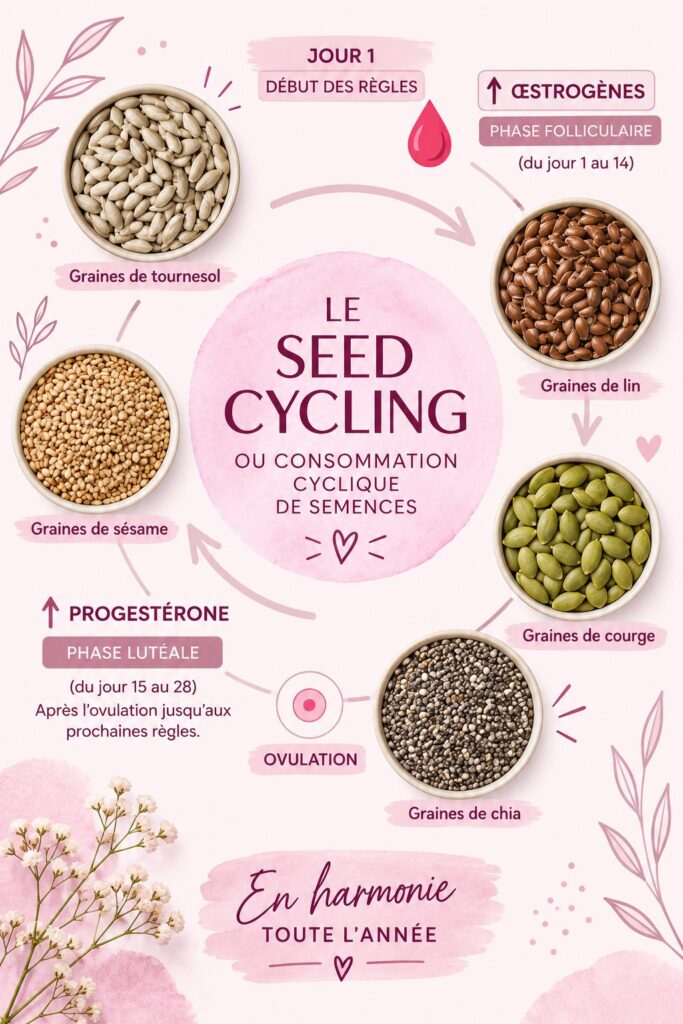 Femme découvrant le seed cycling avec des graines variées sur une table.