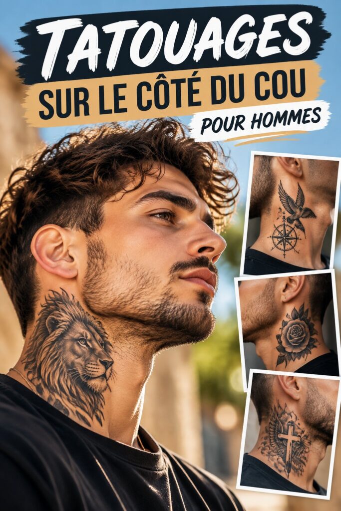 Un homme montrant un tatouage stylé sur le côté de son cou, mettant en avant son style personnel.