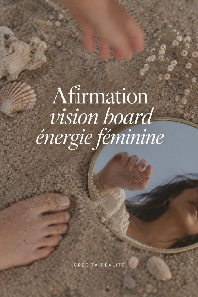 Un vision board coloré avec des images inspirantes représentant l'énergie féminine.